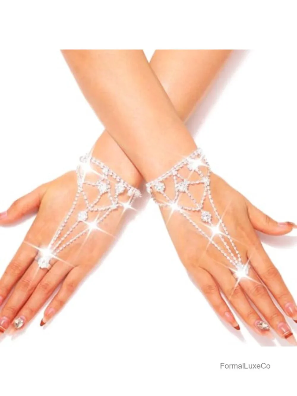 Rhinestone Fingerless Gloves Sparkle Crystal Hand Chain Prom Gloves